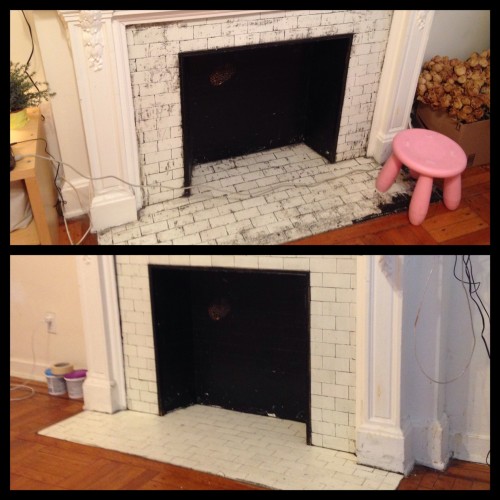 Before (top) with partially stripped fireplace tile. After (bottom) is a much better look. 