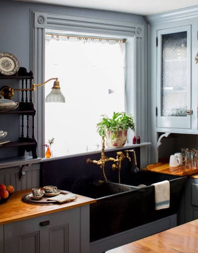 This kitchen was part of a New York Times feature on a home in Bedford Stuyvesant. It is not quite what we are going for, but I am in love with the overall look. Especially the textured glass in the cabinet door as well as the brass sink faucet (which is out of our budget).