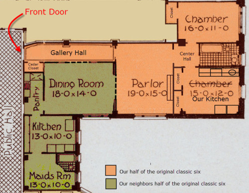 This is how our original classic six apartment was built, in the middle of the last century, it was split in two. We now own the orange portion.