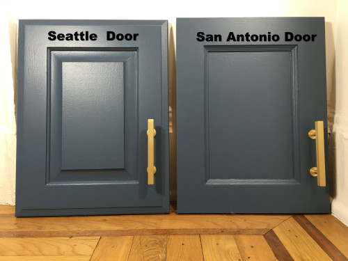 Our two sample doors from Barker Cabinets arrived. I have primed and painted Stiffkey Blue (which does not translate well in this shot) and added the Lewis Dolin hardware we plan to use. We like elements of both, but because we are still undecided, we ordered a third sample to see if we like it more. 
