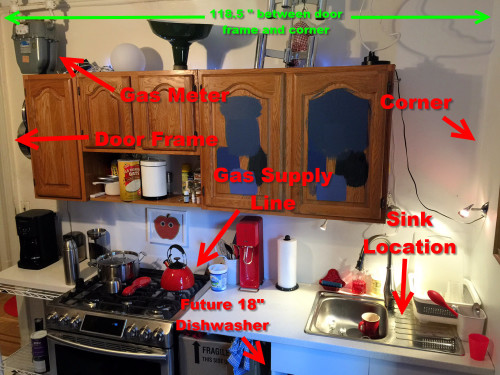 Our very un-glamorous kitchen as seen one morning in December 2015. The limitations of this 118.5" space are very real and more complicated than they should be.