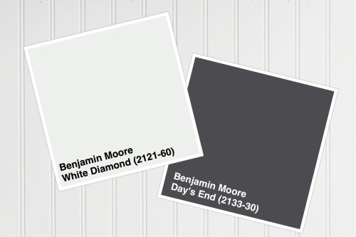 Our wall color will be White Diamond and the trim will be in Day's End, both from Benjamin Moore Paints.