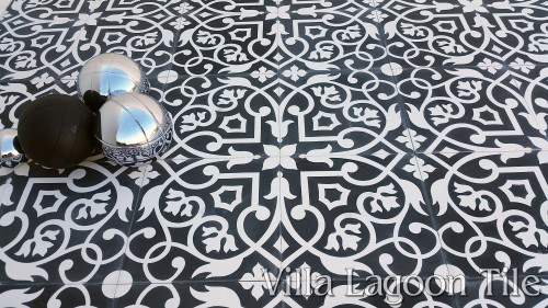 "Gypsy" in Black and White from <a href="https://www.villalagoontile.com/gypsy-black-and-white-encaustic-cement-tile.html" target="blank">Villa Lagoon Tile</a>