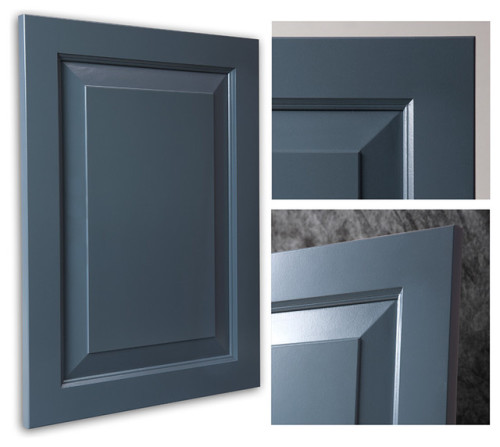 This beautiful smoky blue cabinet door is NOT from <a href="http://www.barkercabinets.com" target="blank">Barker Cabinets</a>, but had this option (slant raised center panel, with inside edge detail on the frame, and an eased edge on the outside of the frame) been available, this would have been my first choice. While <a href="http://www.barkerdoor.com/" target="blank">Barker Door</a> allows you to select each profile element, <a href="http://www.barkercabinets.com" target="blank">Barker Cabinets</a> does not. So, we had to compromise. [<i>Source: <a href="http://www.houzz.com/photos/1620545/Chesapeake-Smokey-Blue-Showplace-Cabinets-traditional-kitchen-cabinetry-other-metro" target="blank">Houzz</a></i>]