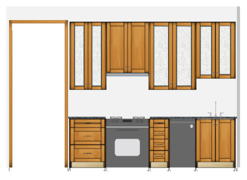 Pretend the brown cabinets are actually Stiffkey Blue, and envision white marble countertops, and this comes close to the final plan for our sink wall.