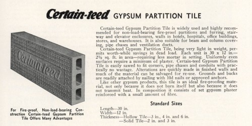This example of a gypsum partition tile from the Certain-teed catalog of 1936 is a good example of what our walls are constructed from. The imprinted texture helped the plaster to stick. [Source: Building Technology Heritage Library] 