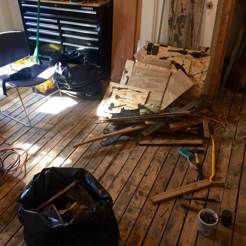 Our kitchen towards the end of pulling up the floor last week. In the end, 18 bags of debris were hauled away.