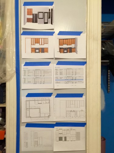 Plans, Plans, Plans..... This is the high level plan of the kitchen. The colors are wrong, but the cabinet placement is correct-ish. Also my list of the cabinets with corresponding parts and measurements.