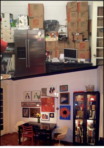 Top: The art from the art wall is in storage (in the bedroom), it is now the home for our refrigerator and the contents of our kitchen awaiting the day when we can put it all back. Bottom: The art wall in April of last year.