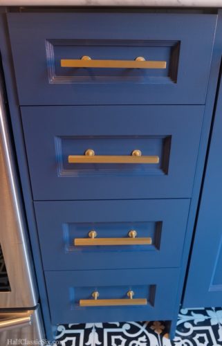 Drawer fronts installed.... <a href="http://us.farrow-ball.com//colours/farrow-ball/fcp-product/100281" target="blank">Farrow & Ball - Stiffkey Blue</a> with <a href="http://lewisdolin.com/barseries.html" target="blank">Lewis Dolin Hardware</a> in brushed brass on our Barker Cabinets. One of the things I love the most about <a href="http://www.barkercabinets.com" target="blank">Barker Cabinets</a>, is that I was able to order our drawers in 1/4" increments. This allowed me to order a 13.75" wide drawer cabinet, maximizing our storage without compromise.