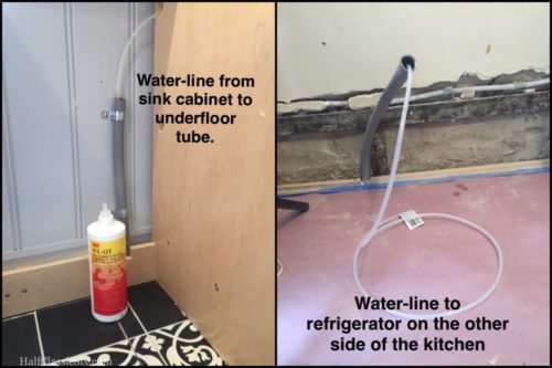 In order to get water for our ice-maker across the room, I installed this gray conduit under the floor back in February. Now that it was finally time to run the waterline, it turned out that getting the water-line under the floor to the other side of the room was a much more difficult task than we expected.