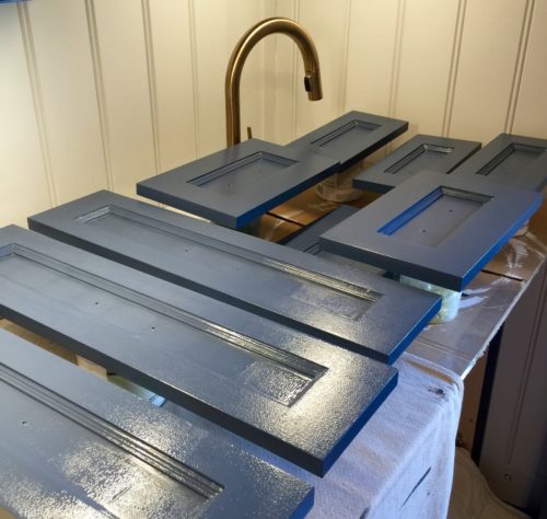 Second coat of <a href="http://us.farrow-ball.com//colours/farrow-ball/fcp-product/100281" target="blank"> Farrow and Ball, Stiffkey Blue (No 281)</a> applied and drying. My paint job is imperfect which is okay because I am about the same level of imperfect!