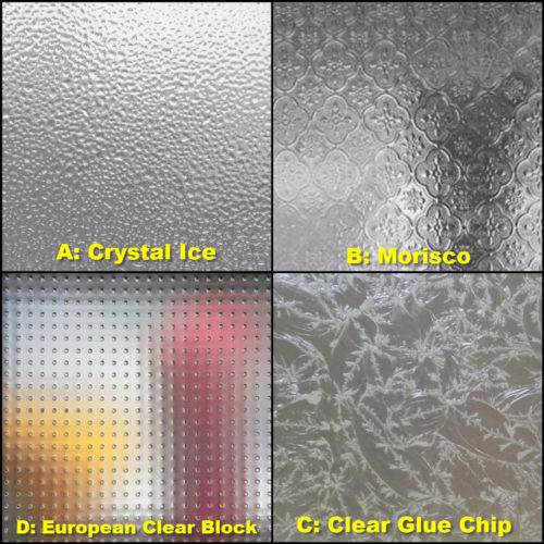 These were the best options available locally, and none of them were our favorites. A: Crystal Ice was not very clear, B: Morisco was too Victorian, C: Clear Glue Chip was too clear, D: European Clear Block was too 1980s.