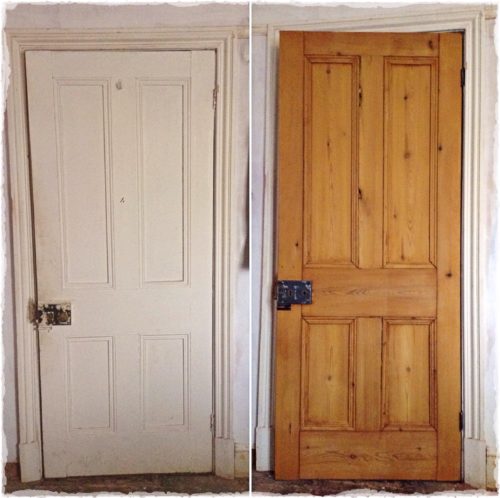 Before and after examples of the dip-strip process of removing paint from old doors. [<i>Source: <a href="https://lansdownerevisited.com/2015/10/25/door-renovations/" target="blank">Lansdowne Revisited (UK)</a></i>]