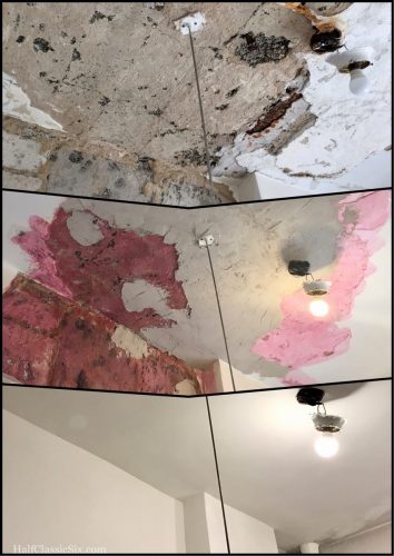 The bathroom ceiling before, during, and after repairs. The before was this way for the past 8 months. We are so glad repairs are finally finished.